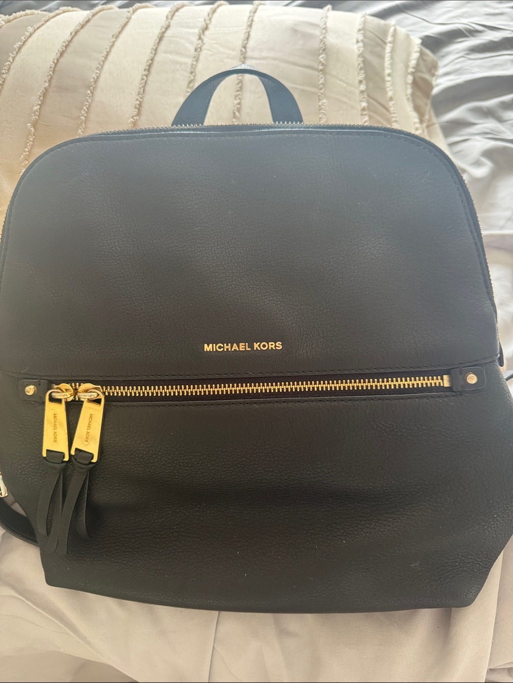 Michael Kors Black Leather Backpack with Gold Hardware